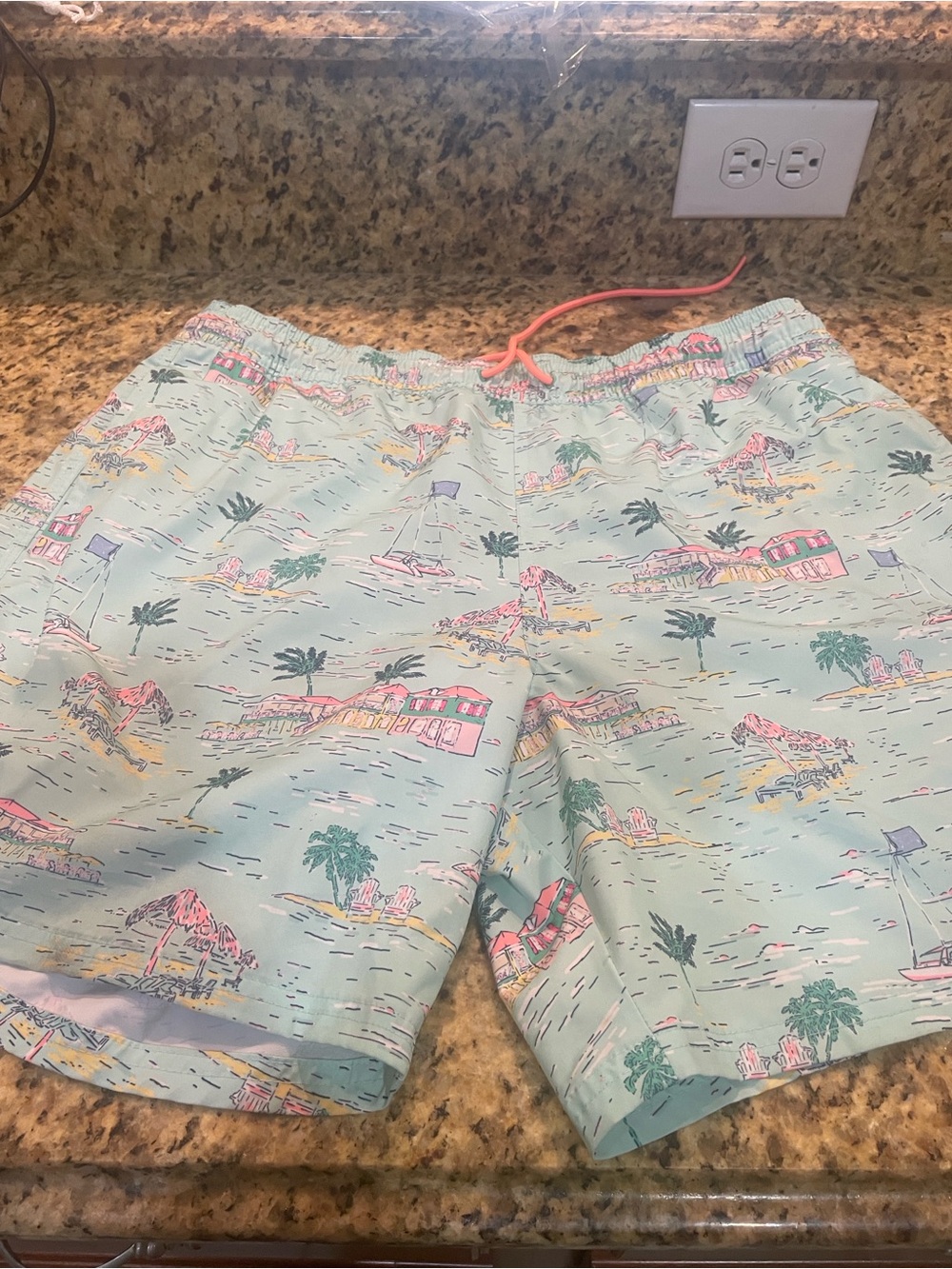 Vineyard Vines Chappy Light Aqua Tropical Print Swim Shorts with Coral Tie